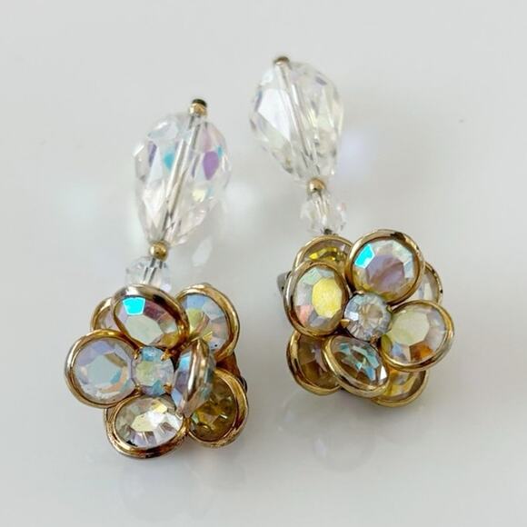 Vintage Aurora Borealis Drop Clip On Earrings - Picture 4 of 13